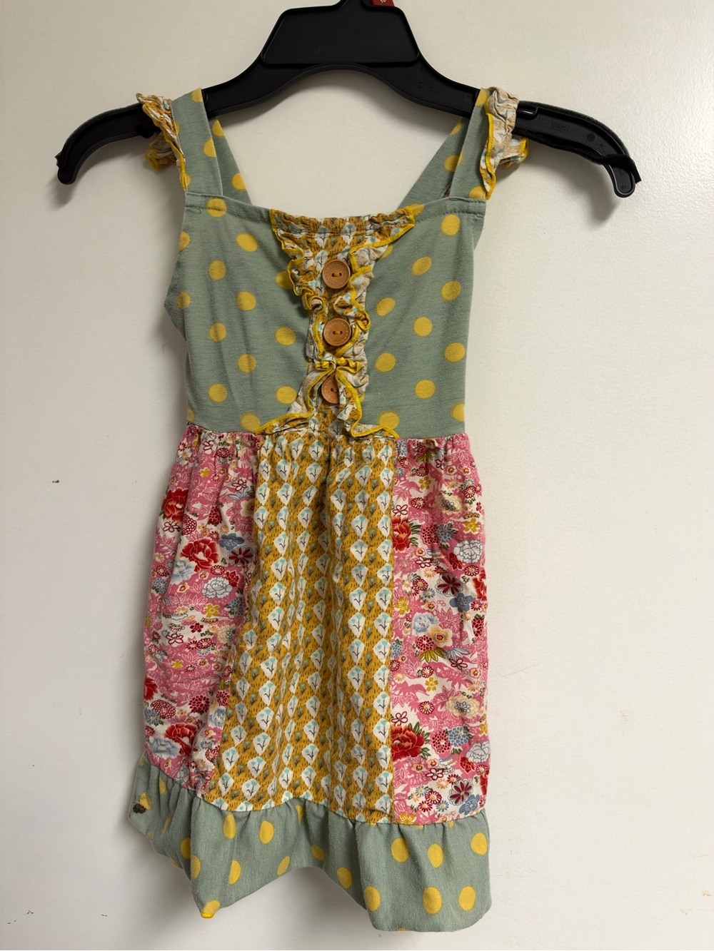 Girls' Patchwork Sundress in Sage Green and Yellow Polka Dot